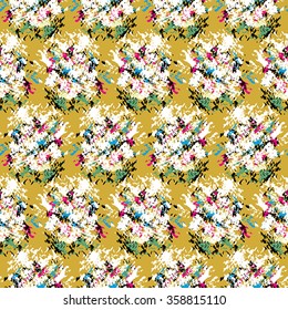 Seamless abstract pattern with green, white and pink elements on yellow background