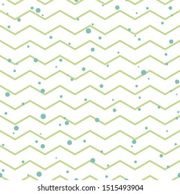 Seamless abstract pattern with green zigzag lines  and blue dots or circles on white background. Striped texture. Vector illustration