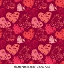 Seamless abstract pattern with grunge colorful hearts on red background.