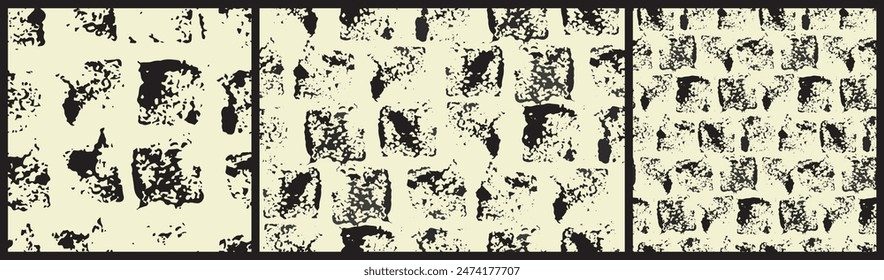 Seamless abstract pattern, grunge texture with square paint spots. Graphic surface design, black and white textured ink pattern for print, abstract background tile. Vector illustration.