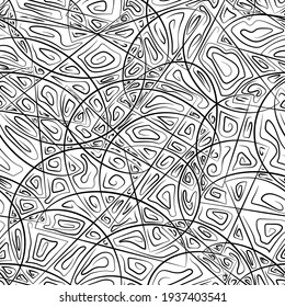 Seamless abstract pattern of halves of circles and spiral lines. Can be used as a background or as a graphic or web design element.