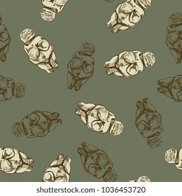 Seamless abstract pattern and hand drawn figurines paleolithic fertility goddess Venus Willendorf 