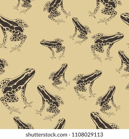 Seamless abstract pattern with hand drawn sketches of tropical poison dart frogs. Vintage style.