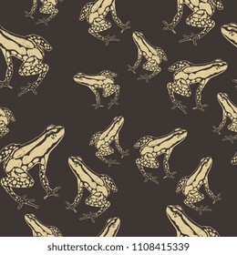Seamless abstract pattern with hand drawn sketches of tropical poison dart frogs. Vintage style.