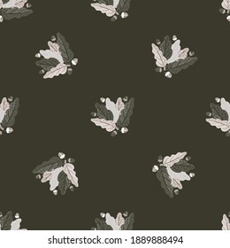 Seamless abstract pattern with hand drawn leaves shapes print. Dark grey background. Graphic design for wrapping paper and fabric textures. Vector Illustration.