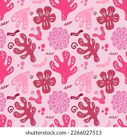 Seamless abstract pattern with hand drawn leaves, flowers. Spring summer blossom background. Perfect for fabric design, wallpaper, apparel. Vector illustration.