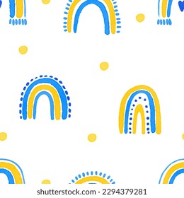 Seamless abstract pattern with hand drawn rainbows. Creative scandinavian baby background for fabric, packaging, textile, wallpaper, clothes.