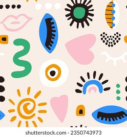 Seamless abstract pattern with hand drawn shapes, lips, eye, sun, heart. Vector summer modern texture. Vector illustration 