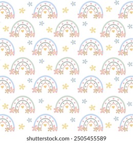 Seamless abstract pattern with hand drawn rainbow flowers. White background. Fabric pattern. Quilting. Children's toys.