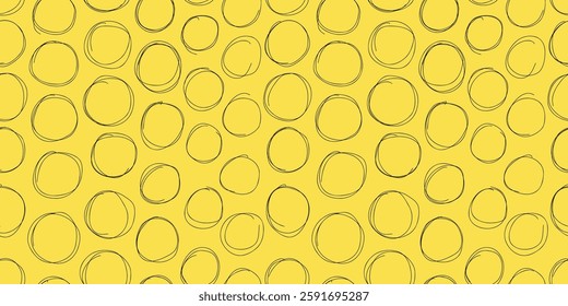 Seamless abstract pattern with hand drawn circles on a yellow background. Playful and modern sketchy design. Perfect for textiles, wallpapers, branding, digital prints, and creative projects.