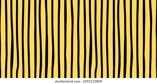 Seamless abstract pattern with hand drawn black vertical stripes on a yellow background. Inspired by animal prints, modern and minimalistic. Great for textiles, branding, packaging, and wallpapers.