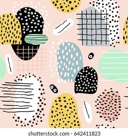 Seamless abstract pattern with hand drawn shapes and elements. Vector trendy texture