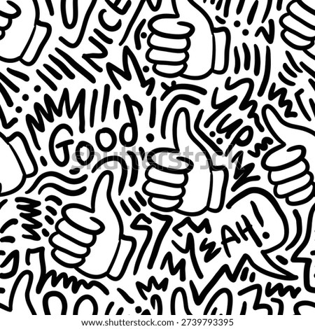 Seamless abstract pattern with hand written text and bold doodle elements featuring thumbs up as focal symbol. Playful design for textile, packaging, branding, merchandise, and vector surface use.