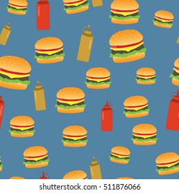 Seamless abstract pattern with hand-drawn burgers. Flat design. 