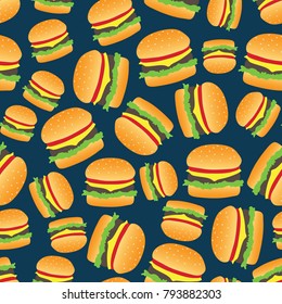 Seamless abstract pattern with hand-drawn burgers. Flat design.