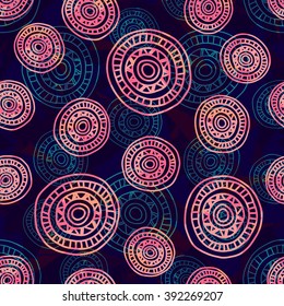 Seamless abstract pattern with hand-drawn circles, dark blue texture background with pink round shapes, can be used for design fabric, wrapping paper, package, EPS 10