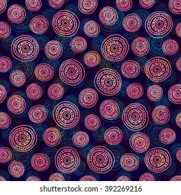 Seamless abstract pattern with hand-drawn circles, dark blue texture background with pink round shapes, can be used for design fabric, wrapping paper, package, EPS 10