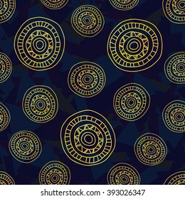 Seamless abstract pattern with hand-drawn circles, dark blue background with yellow round shapes, EPS 10
