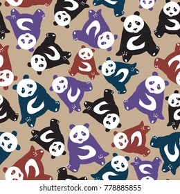Seamless abstract pattern with hand-drawn colorful cute pandas. Used fashion colors: Ultra Violet, Sailor Blue, Chili Oil, Warm Sand