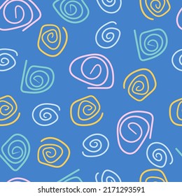 Seamless abstract pattern with hand-drawn curls arranged chaotically festive confetti and cute circles