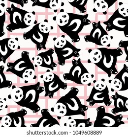 Seamless abstract pattern with hand-drawn cute pandas. Geometric background