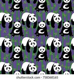 Seamless abstract pattern with hand-drawn cute pandas. Ultra violet colored background with bamboo