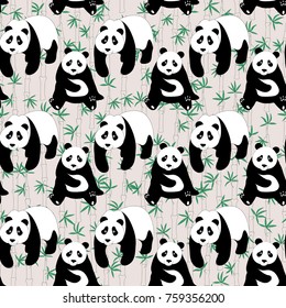 Seamless abstract pattern with hand-drawn cute pandas. Almost Mauve color background with bamboo