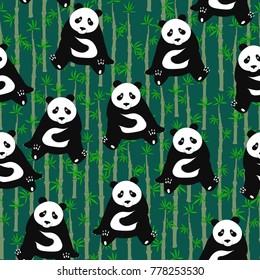 Seamless abstract pattern with hand-drawn cute pandas. background with bamboo