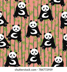 Seamless abstract pattern with hand-drawn cute pandas. colored background with bamboo