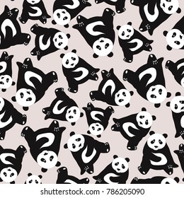 Seamless abstract pattern with hand-drawn cute pandas. Almost Mauve color background 