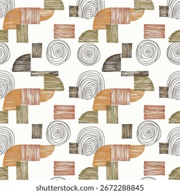 Seamless abstract pattern with hand-drawn geometric shapes, spirals, arches, and earth tone lines. Ideal for modern wallpaper, fabric, textile, packaging, branding, and surface design projects