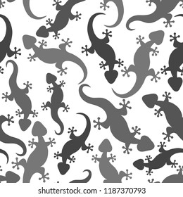 Seamless abstract pattern with hand-drawn lizards.  Shades of gray color geckos background