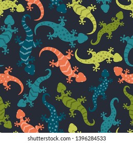 Seamless abstract pattern with hand-drawn lizards. Colorful geckos background