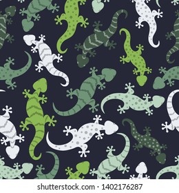 Seamless abstract pattern with hand-drawn lizards. Colorful geckos background