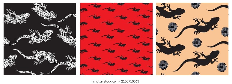 Seamless abstract pattern with hand-drawn lizards. Colorful geckos background. Talavera ornamental ceramic. Ethnic folk ornament.