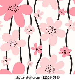 Seamless abstract pattern with hand-drawn pink flowers and black vertical stripes on white background. Hand drawn floral print in pastel colours. Vector.