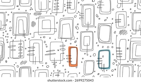Seamless abstract pattern with hand-drawn, retro-style mid-century modern shapes and doodles in a monochrome design.