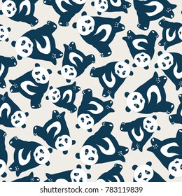 Seamless abstract pattern with hand-drawn Sailor Blue colored cute pandas. Coconut Milk background