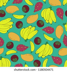 Seamless abstract pattern with hand-drawn tropical fruits. Bananas, dragon fruits, mango, mangosteen