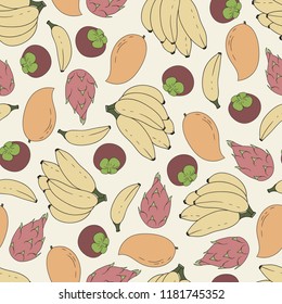 Seamless abstract pattern with hand-drawn tropical fruits. Bananas, mango, dragon fruits, mangosteens