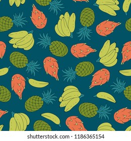 Seamless abstract pattern with hand-drawn tropical fruits. Bananas, pineapples, dragon fruits