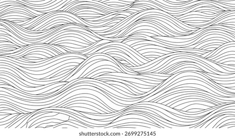 Seamless abstract pattern of hand-drawn wavy, horizontal lines creating a dynamic and flowing texture like ocean waves.
