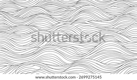 Seamless abstract pattern of hand-drawn wavy, horizontal lines creating a dynamic and flowing texture like ocean waves.