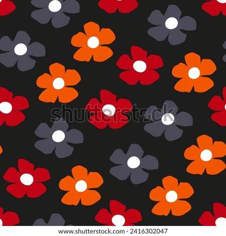 Seamless abstract pattern with handwritten flowers for womanish dresses, girls jackets. Simple repeat floral print on black background for fabric, textile, cover, wallpaper. Adorable botanical doodle.