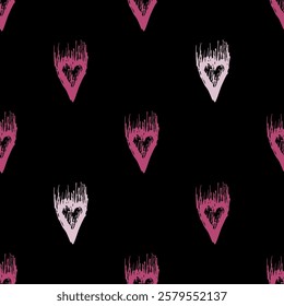 Seamless abstract pattern with heart symbols. Hand drawn rough sketches. Pink silhouettes on black background. Saint Valentine's Day design. Romantic love emblem.