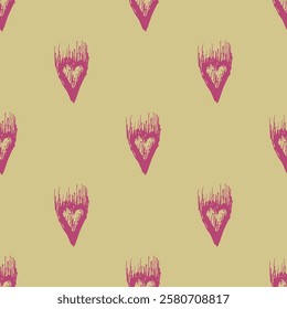 Seamless abstract pattern with heart symbols. Hand drawn rough sketches. Pink silhouettes on yellow background. Saint Valentine's Day design. Romantic love emblem.