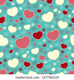 Seamless abstract pattern of hearts and circles.

