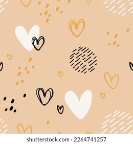 Seamless abstract pattern with hearts and dots. Creative childish scandinavian pastel pattern. Great for fabric, textile