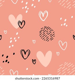 Seamless abstract pattern with hearts and dots. Creative childish scandinavian pastel pattern. Great for fabric, textile