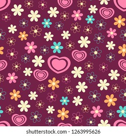 Seamless abstract pattern of hearts and flowers.
